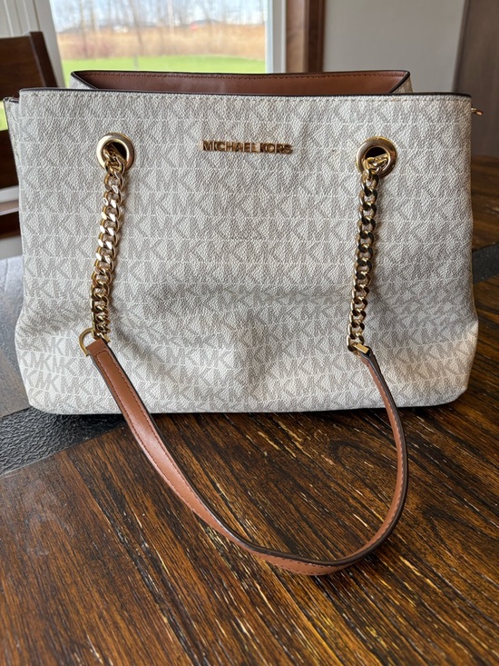 Michael Kors Handbags - Michael Kors Signature Chain Tote in Vanilla and Brown with Gold Hardware